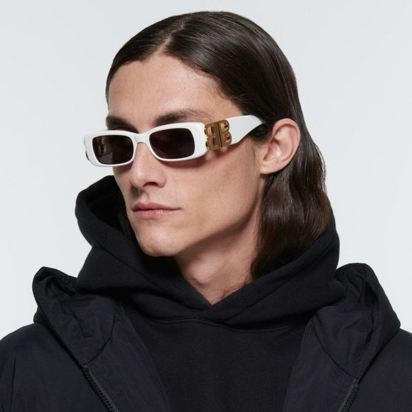 BalenciagaBB0096S 011 Sunglasses White Gold Logo Grey Square Unisex